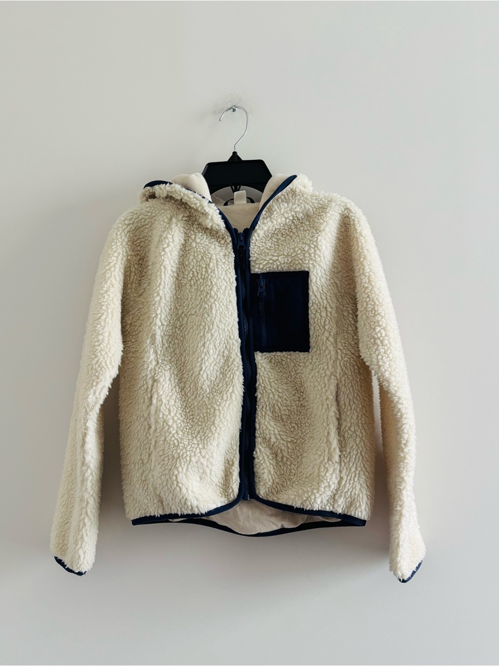 J.Crew Crewcuts Sherpa Jacket Cream Blue Full Zip Hood Unisex Kids Size L Preppy